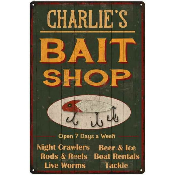 CHARLIE'S Green Bait Shop Man Cave Wall Decor Gift 8x12 Metal 108120027200