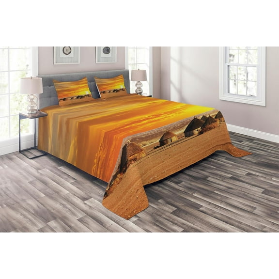 Ambesonne Farm House Quilted Coverlet 3 Pcs, Landscape, Queen Size, Orange