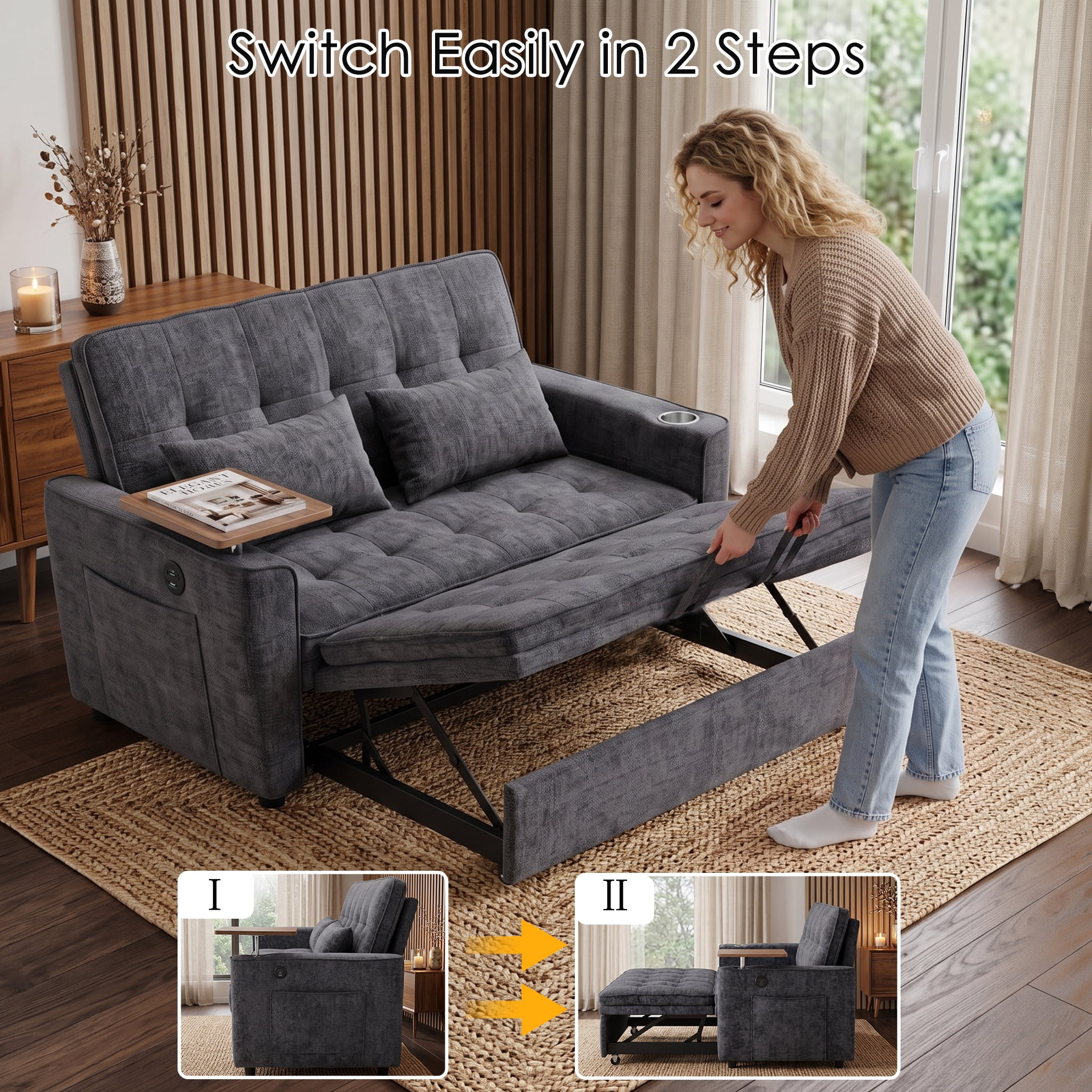 Xiweot 54" Convertible Sleeper Sofa Bed, Full Size Pull Out Couch with Adjustable Backrest, USB Ports & Cup Holder, Chenille Loveseat Sleeper for Apartment Living Room, Dark Gray