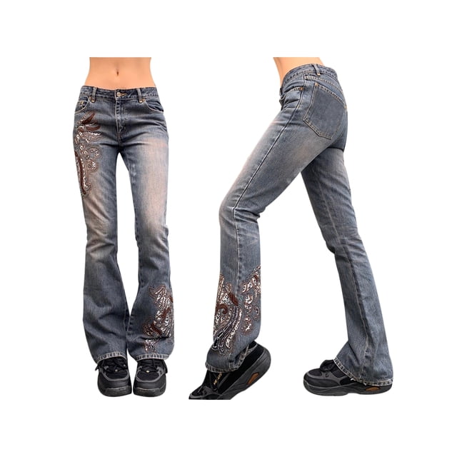 WIFORNT Spring Autumn Girls Long Jeans, Ladies Leisure Style Geometric Pattern Mid Waist Bell-bottom Trousers Slim Denim Pants