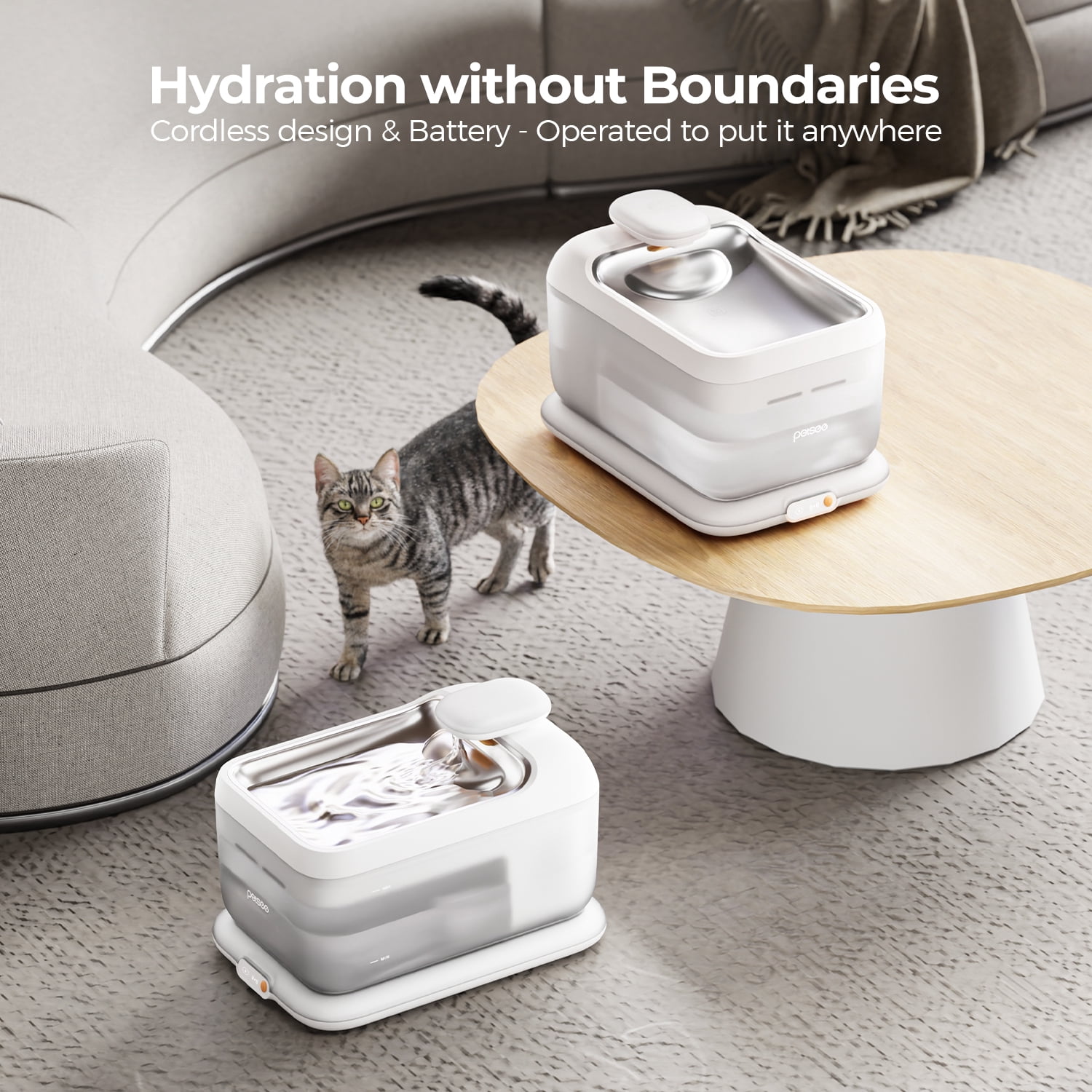 Wireless Automatic Pet Water Fountain 4.5L , Cordless Electromagnetic Pump, Stainless Steel Tray, Motion Sensor Mode, Ultra Quiet <30dB, Triple Filtration for Cats & Dogs,S7-Air-white