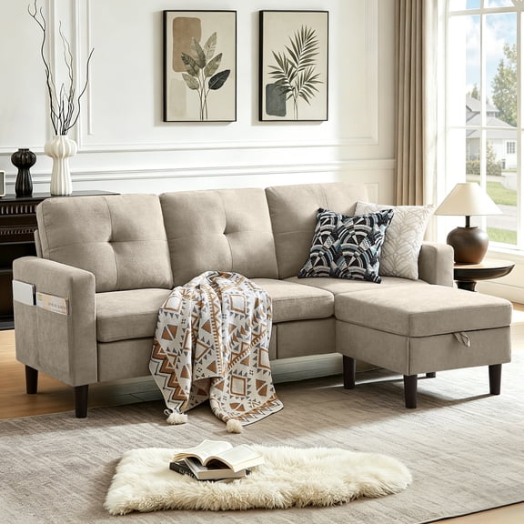 Tornama Convertible Sectional Sofa, Small L Shaped 3-Seat Couch with Reversible Chaise, Modern Linen Sofas Couches for Living Room, Apartment and Small Space