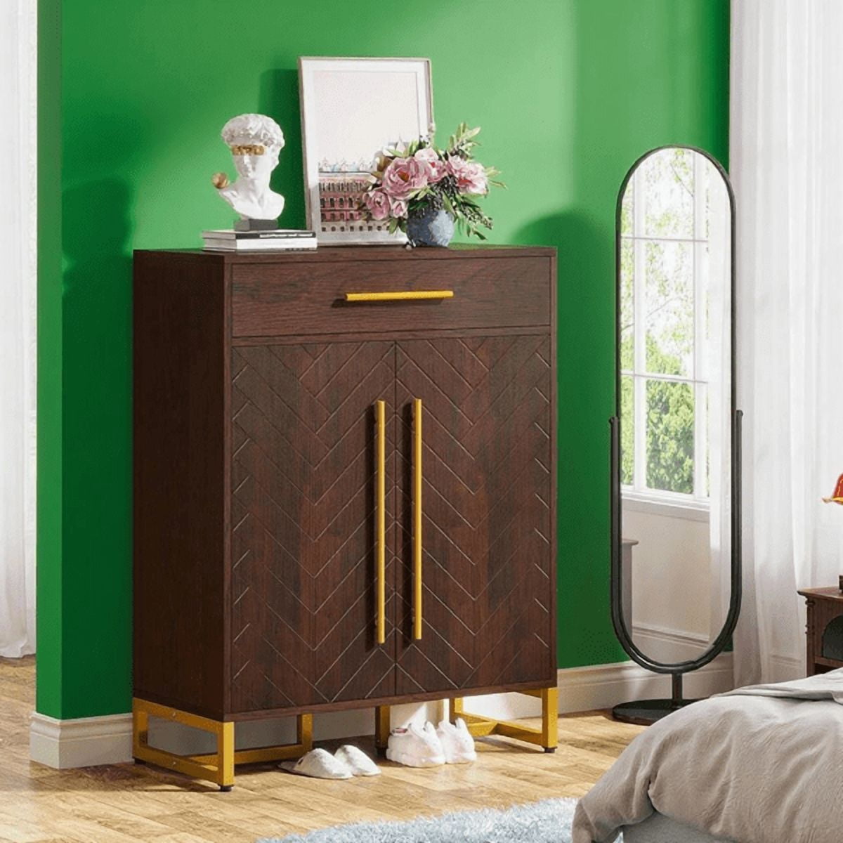 5-Tier Shoe Cabinet with Drawer - 20-Pair Capacity, Adjustable Shelves, Walnut Finish with Gold Accents, for Entryway/Living Room