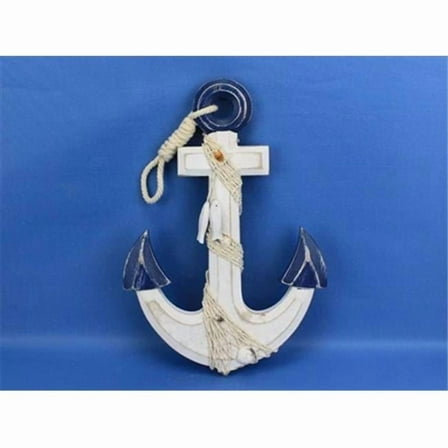 Handcrafted Model Ships Blue-White-Anchor-13 Wooden Rustic Blue And White Anchor With Hook Rope and Shells 13 in. Decorative Accent