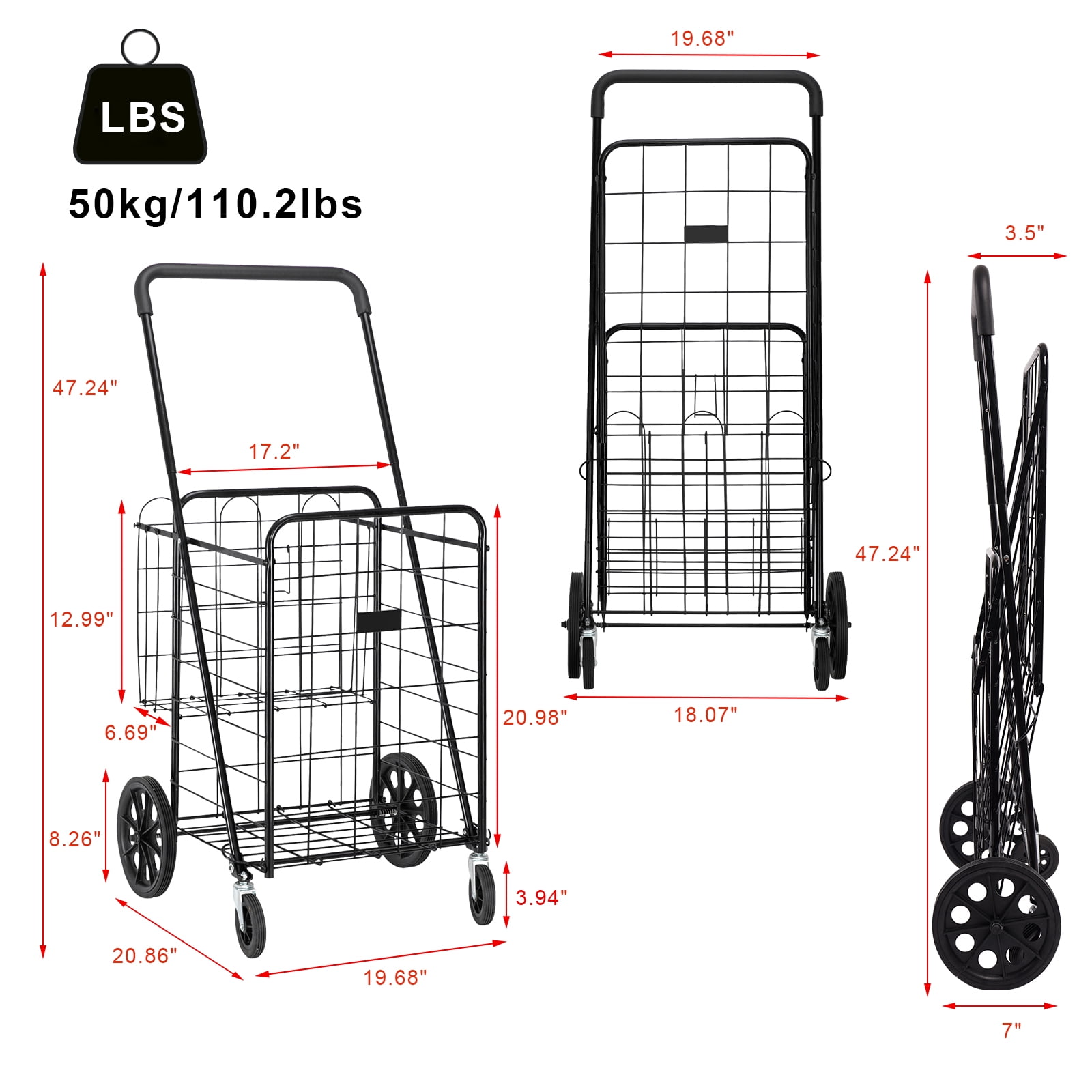 Private Jungle Grocery Practical Shopping Trolley, Luxury Folding Trolley with Double Baskets and 360° Rolling Wheels, Practical Trolley, Black Private Jungle Grocery Practical Shopping Trolley, Luxury Folding Trolley with Double Baskets and 360° Rolling Wheels, Practical Trolley, Black