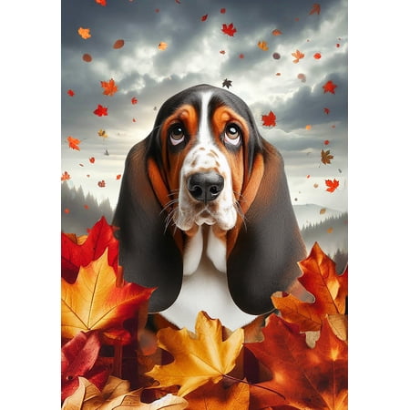Basset Hound Open Tri - Best of Breed Fall Leaves Outdoor Garden Flag 12" x 17" Mailbox Flag Dog Flag