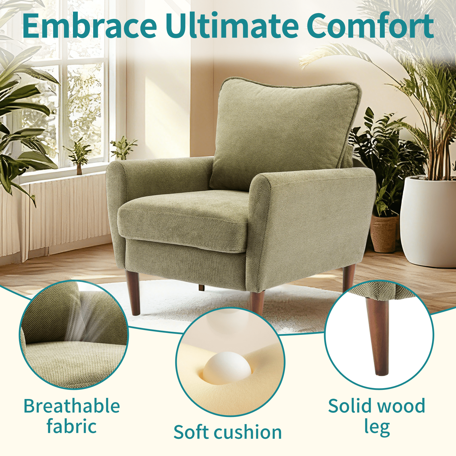 Gianna Fabric Accent Chair with Supportive Backrest and Armrests, Modern Comfortable Chair for Living Room, Bedroom, or Office