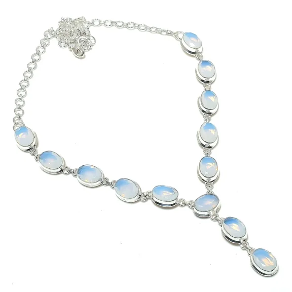 Milkey Opal Gemstone Necklace Handmade Beautiful Necklace Natural Oval Cushion Milkey Opal 925 Sterling Silver Plated Jewelry 22 Inch Adjustable Necklace