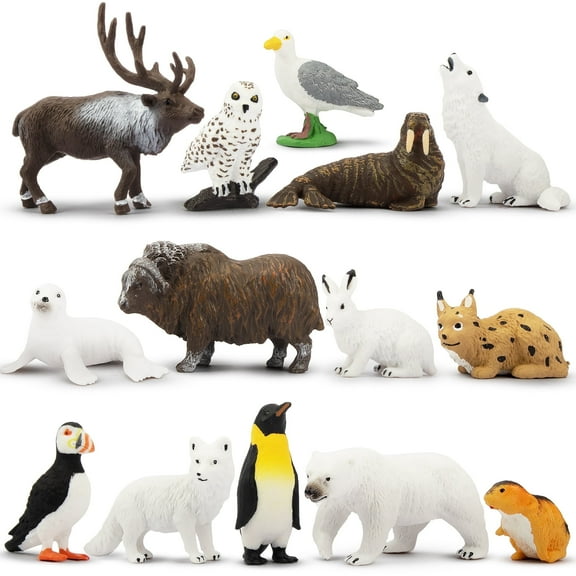 Toymany 14PCS Mini Colorful Arctic Animals Figurines Set, Polar Animals Toys with Polar Bear, Caribou, Penguin, Walrus, Wolf Figurines Cake Toppers Birthday Easter Gifts for Preschool Kids