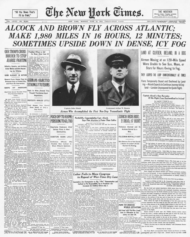 Image result for New York Times, front page, 16 June 1919