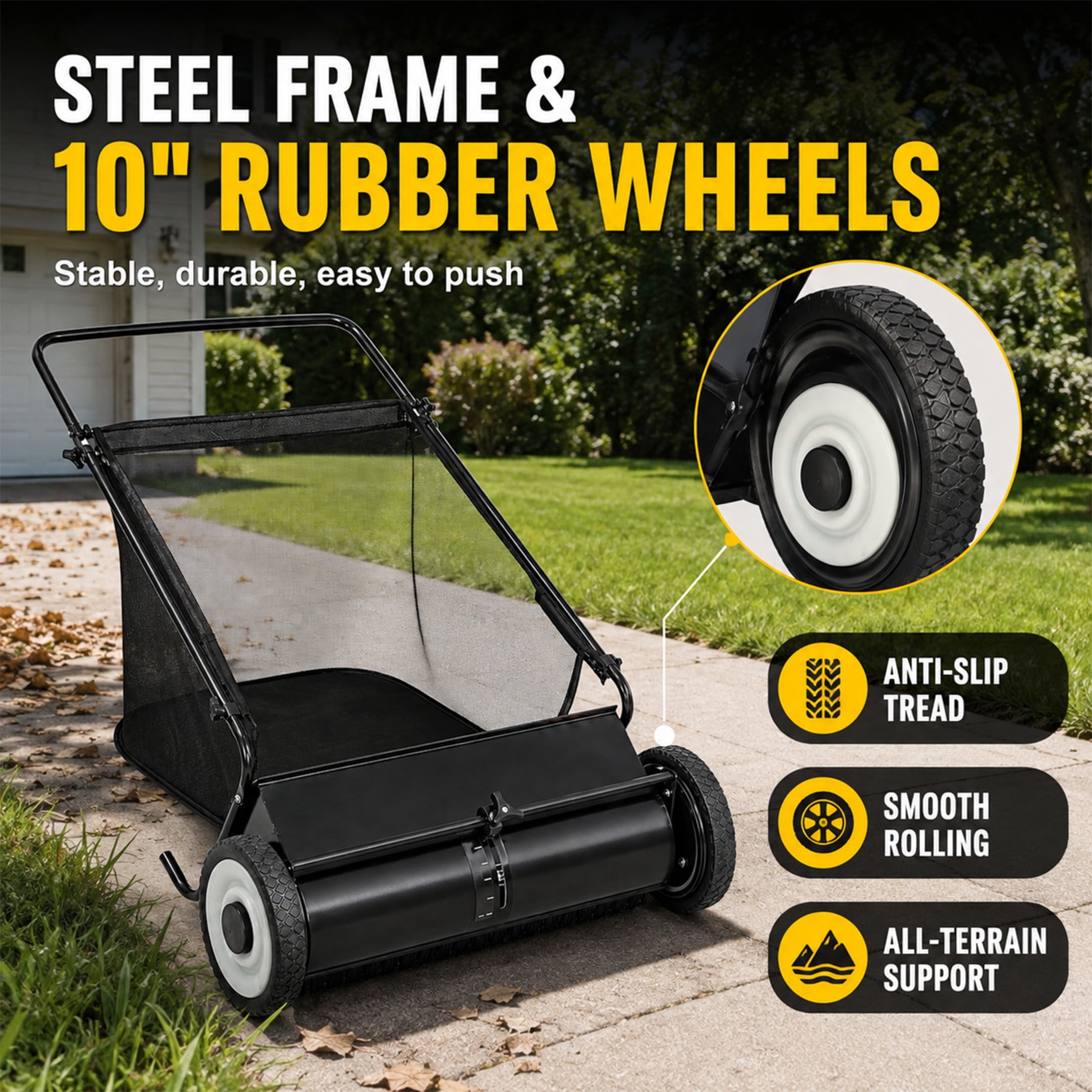 GDF Studio 26" Push Lawn Sweeper with 7 Cu. Ft. Large Hopper & 4 Rotating Brushes, Heavy-Duty Steel Frame, Black