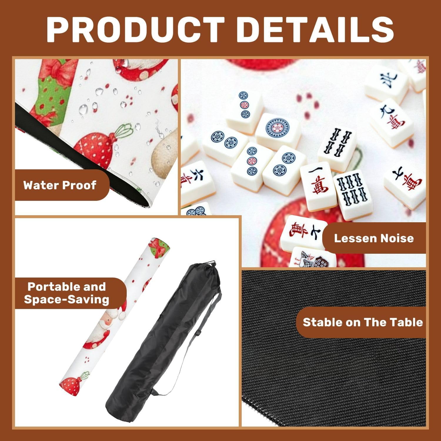 Mahjong Mat 31.5" x 31.5" Seamless Festive Watercolor Featuring Santa Claus Candy Canes Non-Slip Noise Reduction Mahjong Tiles Table Cover for Dominoes Poker Card Board and Tile Games