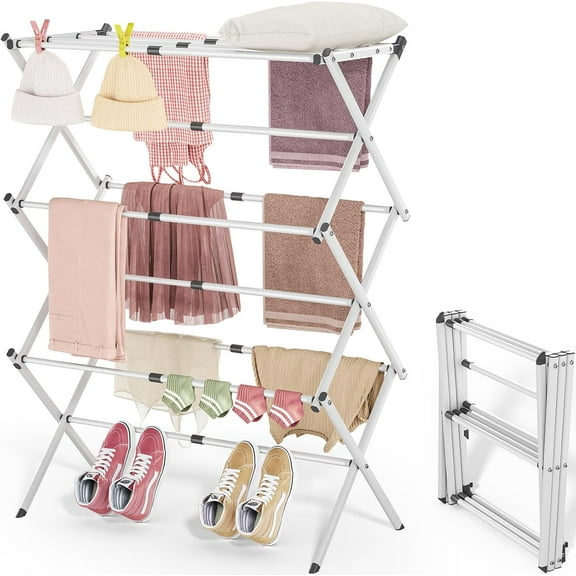 Clothes Drying Rack, 3-Tier Laundry Drying Rack for Clothes, Expandable Metal Clothing Dryer, Collapsible Towel Rack, Air Drying Rack, White