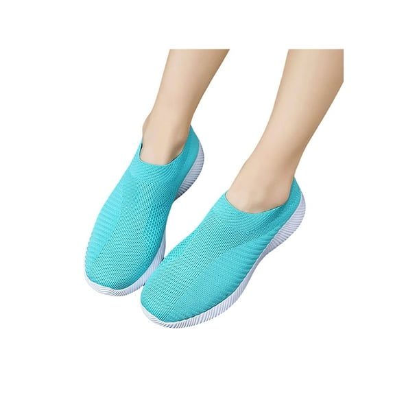 SIMANLAN Slip On Sneakers Women White Fashion Shoes Wide Width Mesh Knit Walking Non Slip Shoes Light Blue 6.5