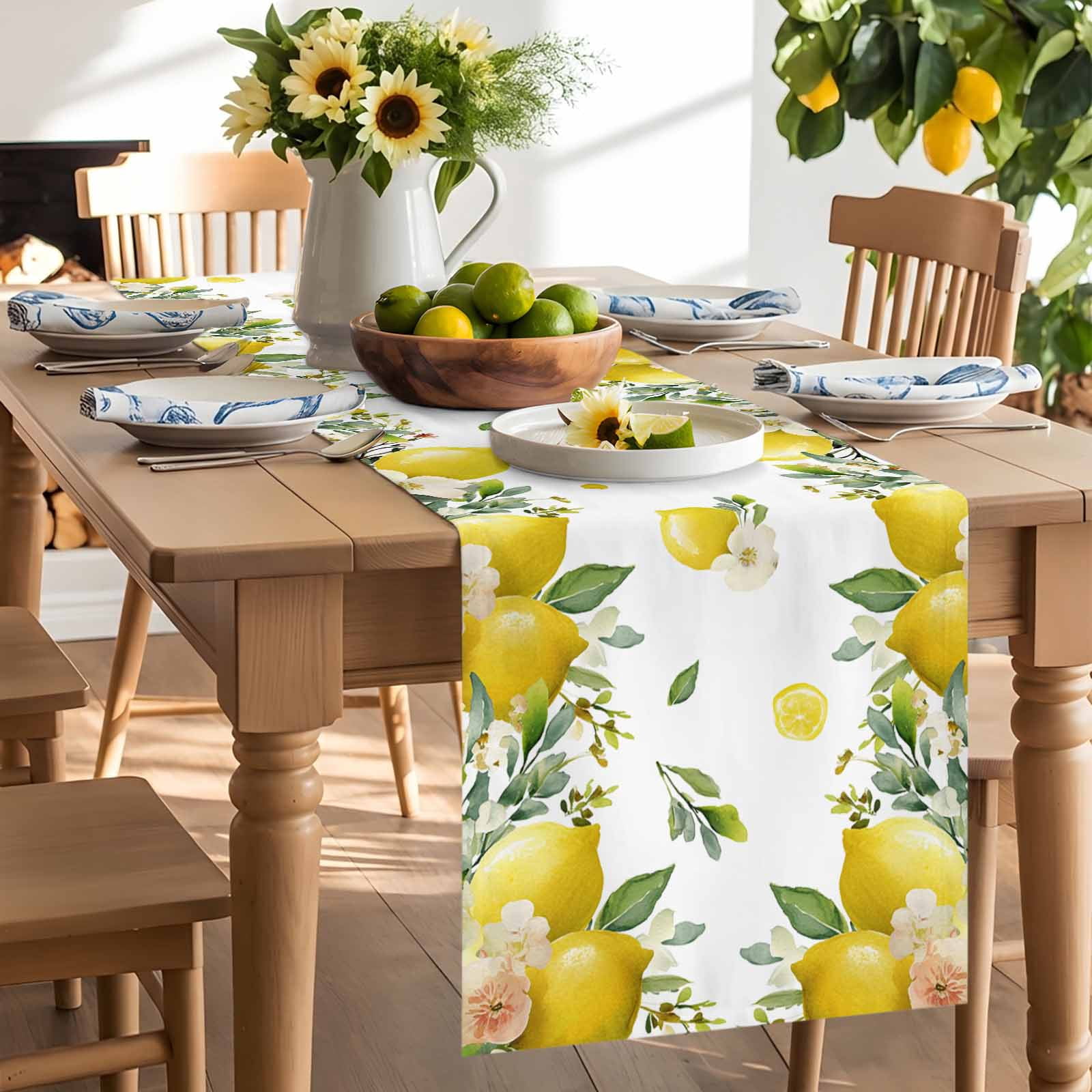 Watercolor Lemon Green Leaves Flower Table Runner 90 Inches Long, Farm Harvest Table Runners Tabletop Scarf Kitchen Dining Tables Decoration for Home Party Indoor Outdoor