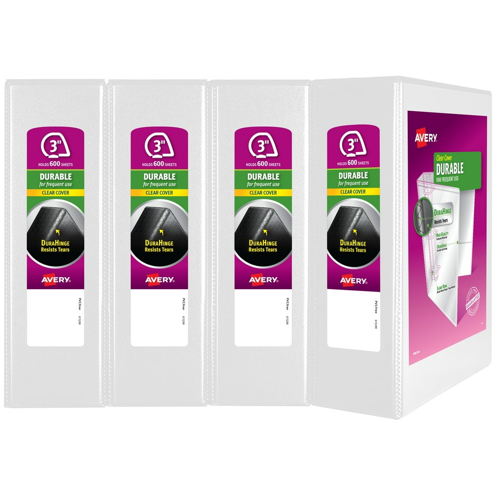 Avery Durable View 3 Ring Binders, 3" Slant Rings, 4 White Binders