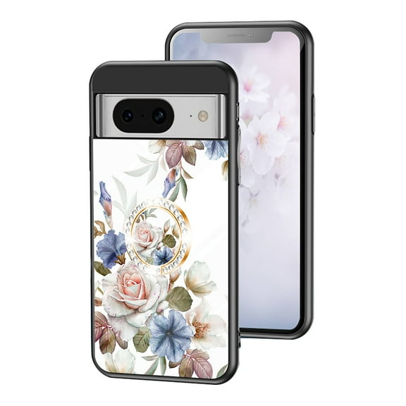TECH CIRCLE For Google Pixel 8 6.2" Case, Elegant Flower Pattern Case with Diamond Ring Holder Support Magnetic Car Mount Shockproof Luxury Glossy Glass Slim Phone Women Girls Case for Google Pixel 8