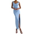 thumbnail image 4 of Women'S Slip Long Dress Cowl Neck Backless Ruched Bodycon Side Split Cocktail Party Night Out Dress Blue L, 4 of 9