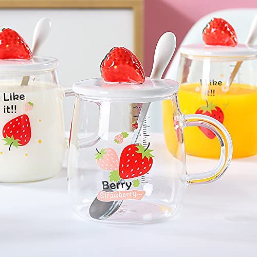 Danceemangoo Clear Glass Mug with Lid and Straw, 15 oz Drinking Glass Juice Cup, Cute Strawberry Pattern, Size: One