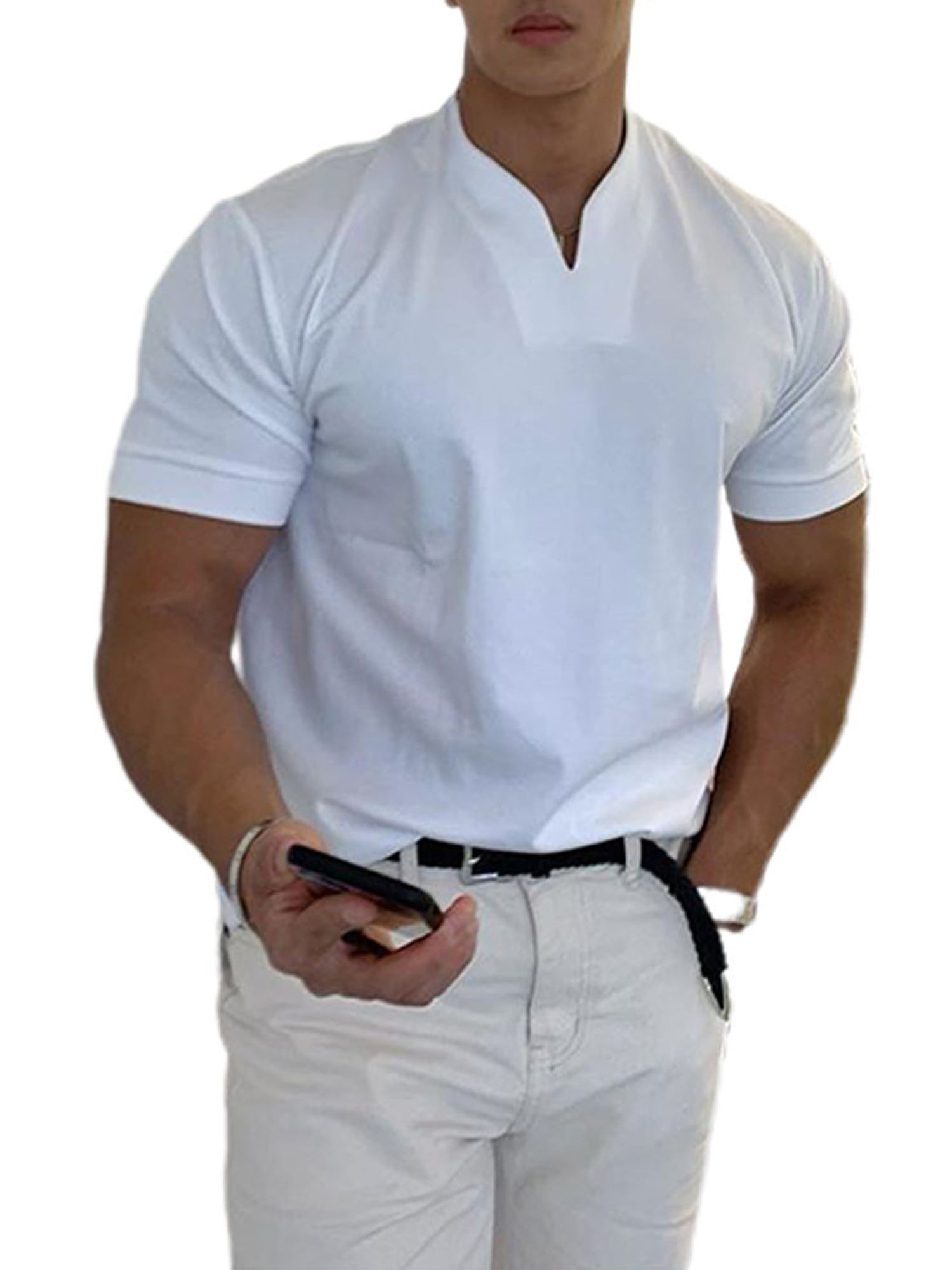 Men Summer Short Sleeve V-Neck Casual Tee Cotton Blend Top T-Shirt Blouse S-3XL 