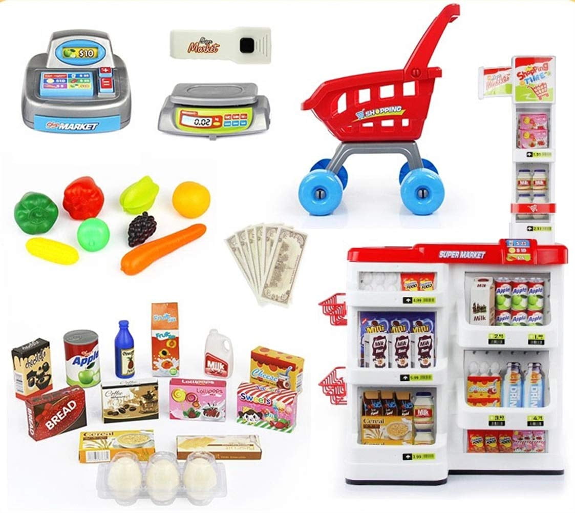 Role Play Toy Supermarket Till Console Shop Trolley Accessories Play Fun with Shopping Cart and Scanner Gifts for Kids ETHY 65pcs Shopping Grocery Play Store Toy 