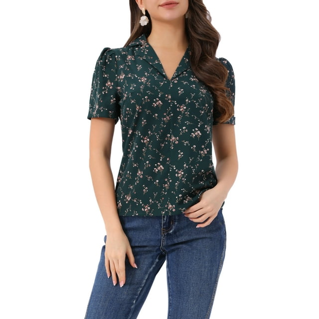 INSPIRAR CHIC Blusas de V Cuello para Mujeres Elegante Casual Estampado de Cereza Con Solapa Notch Verano Manga Corta S Verde Oscuro