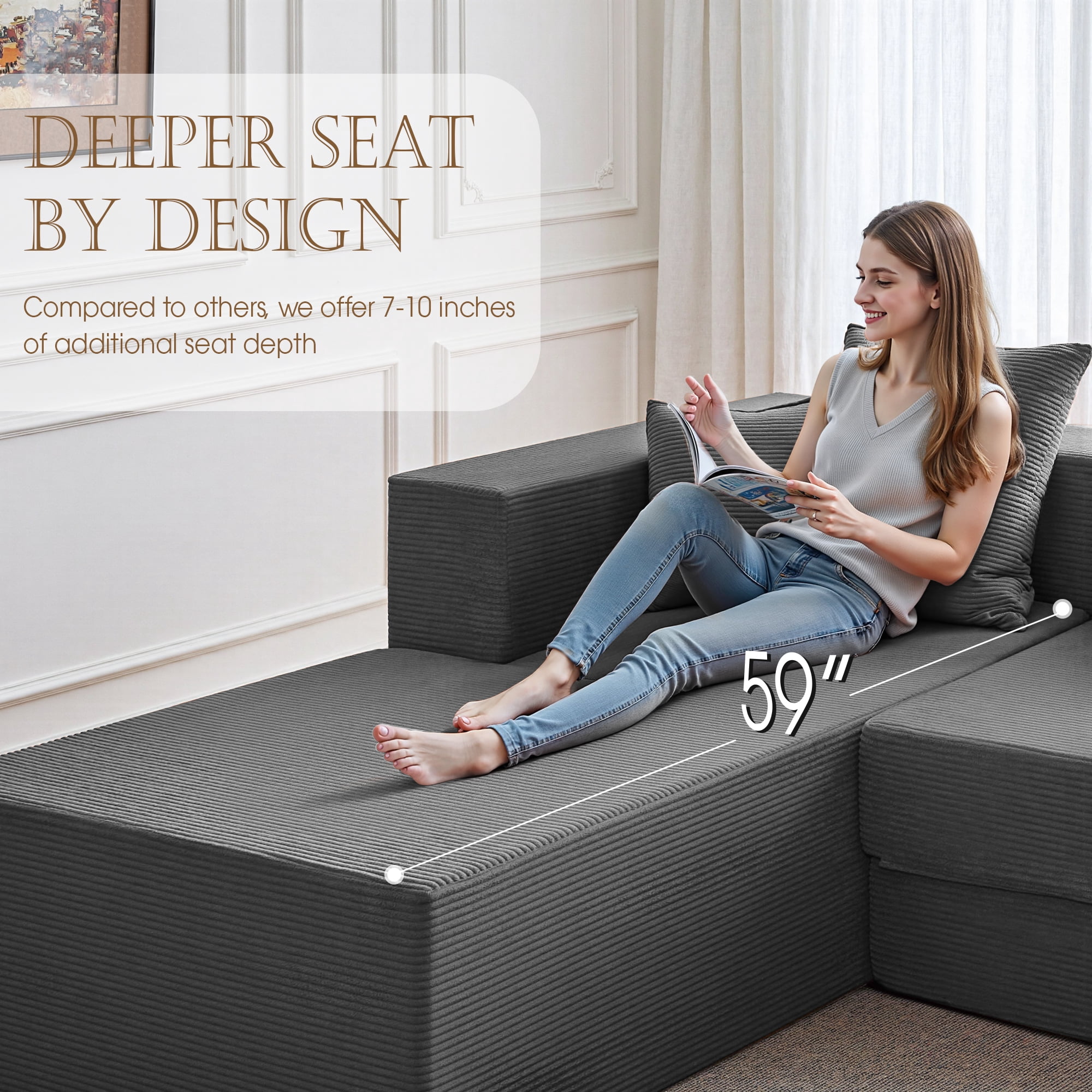 YINIX 106.5" Modular Sectional Sofa for Living Room , Cloud L-Shaped Sofa Couch with Deep Seating Upholstered, Gray