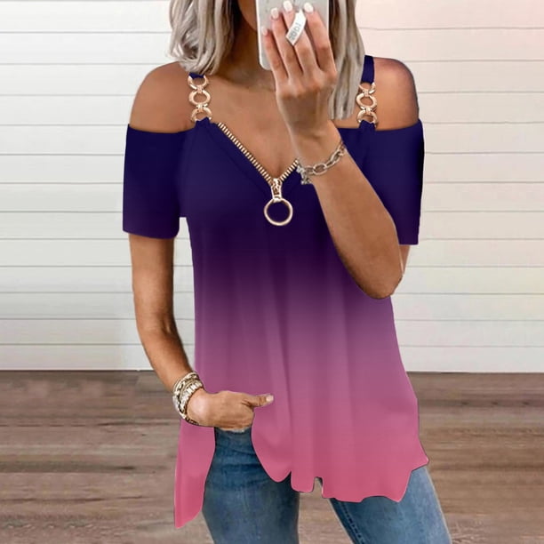 ICHUANYI Clearance Women Summer Zipper V-Neck Short Sleeve Print Strapless T-Shirt Tops Blouses(Purple, S) ICHUANYI WER2023081109824