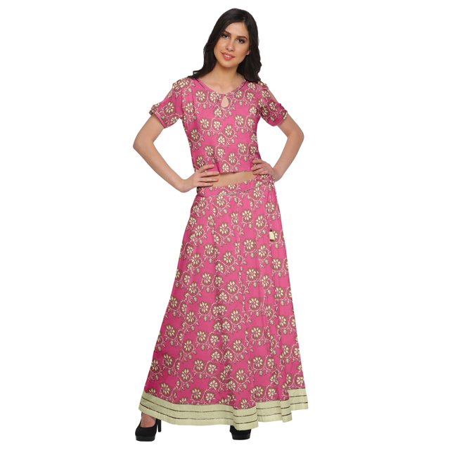 Moomaya Printed Cold Shoulder Cotton Crop Top Skirt Set Party Wear Ethnic Set