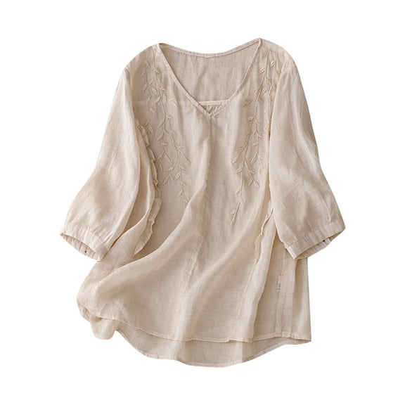 Womens Summer Tops Crewneck Lace Crochet Short Sleeve Shirts Casual Cotton Linen Blouses Beige L