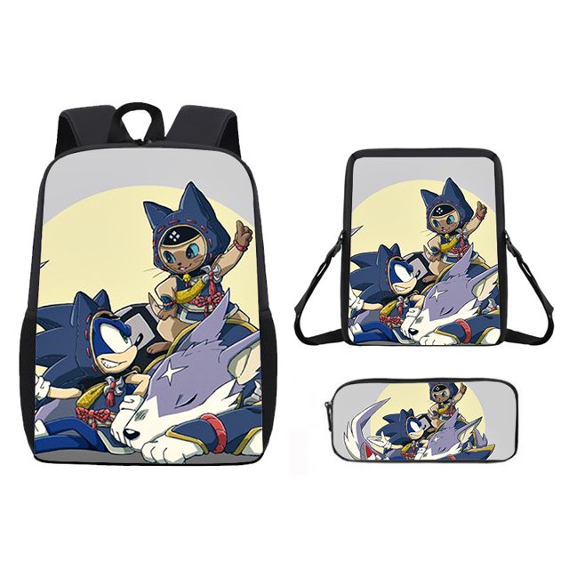 Sonic Backpack Two-Dimensional Cartoon Animation Primary School Bag Backpack Messenger Bag Pencil Bag Three-Piece Set
