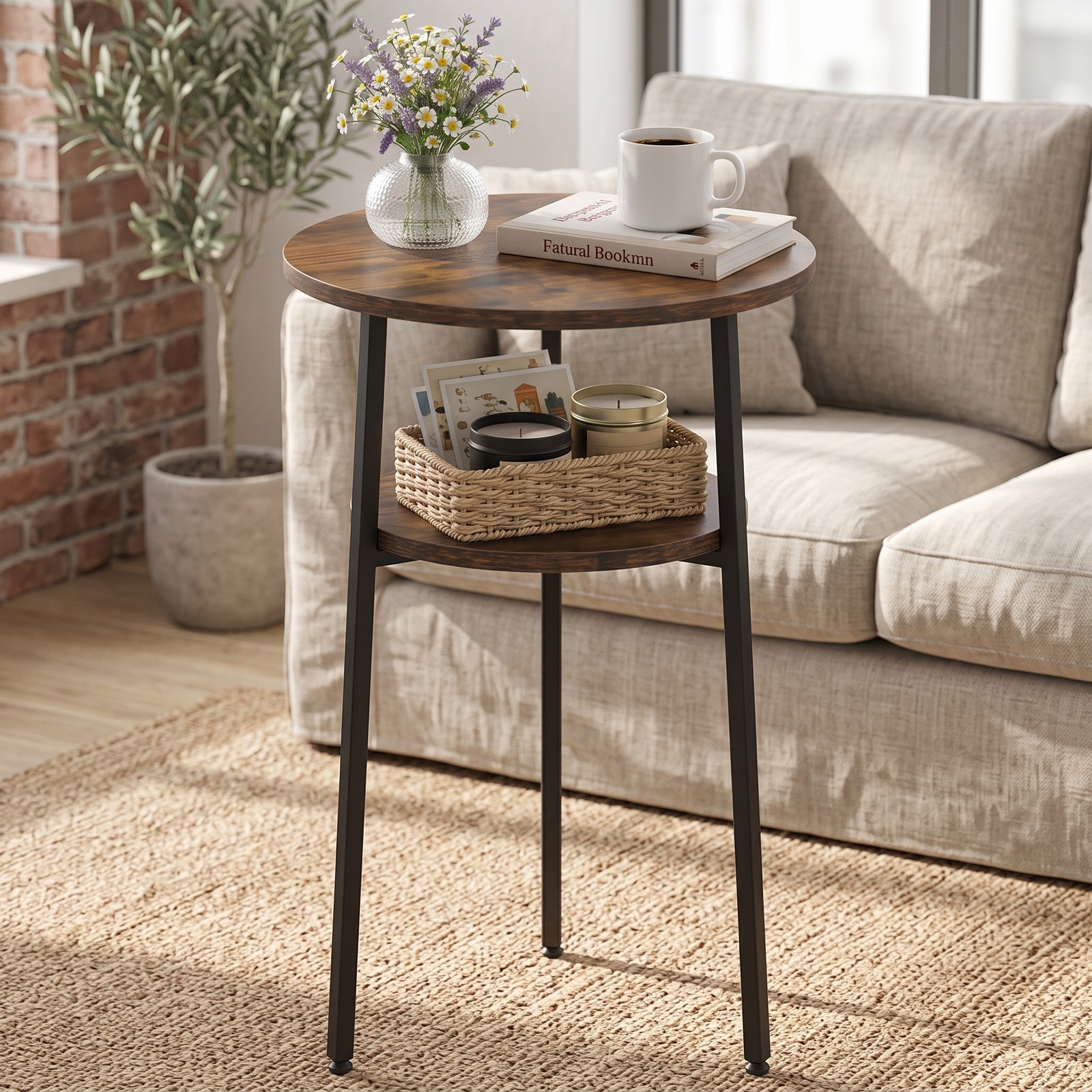 Furnibear Set of 2 Round Side Table with Storage Shelf and Metal Frame, 2-Tier Nightstand End Table for Living Room Bedroom Small Spaces, Rustic Brown
