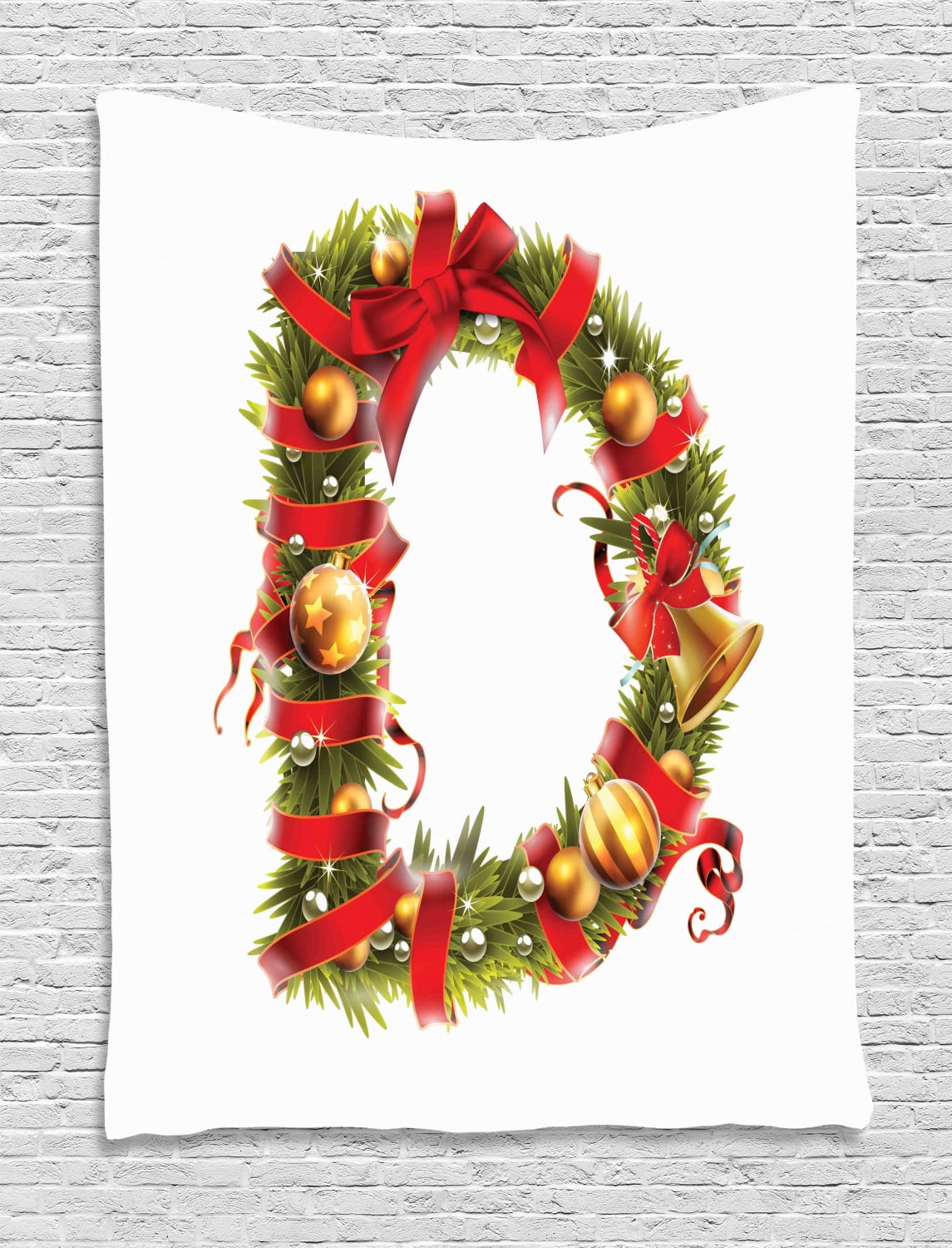 Christmas Alphabet Tapestry, Illustration of D Letter with Ribbon and Baubles Art Print, Wall 