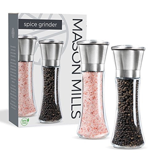 Steel Salt and Pepper Set - Two Piece Set - Glass Stainless Steel Mill - Large Capacity Shakers - Top Design By Mason Mills - Walmart.com