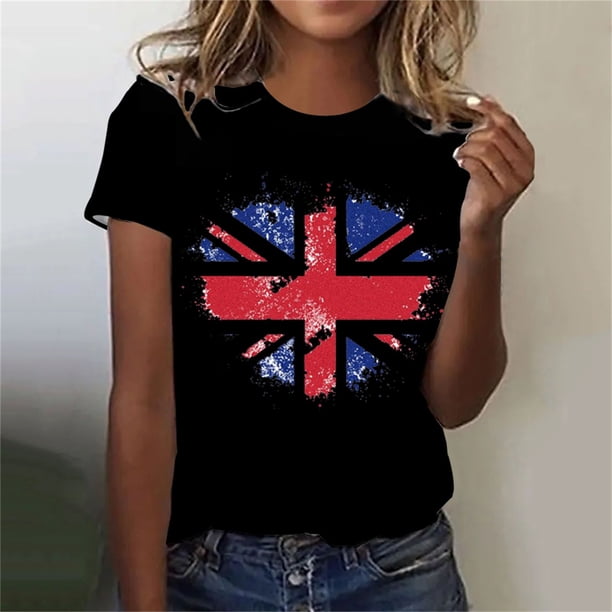 ICHUANYI Clearance Women's Independence Day Printed Round Neck Short Sleeved Casual T-shirt Top(Black, XL) ICHUANYI WER2023080908730