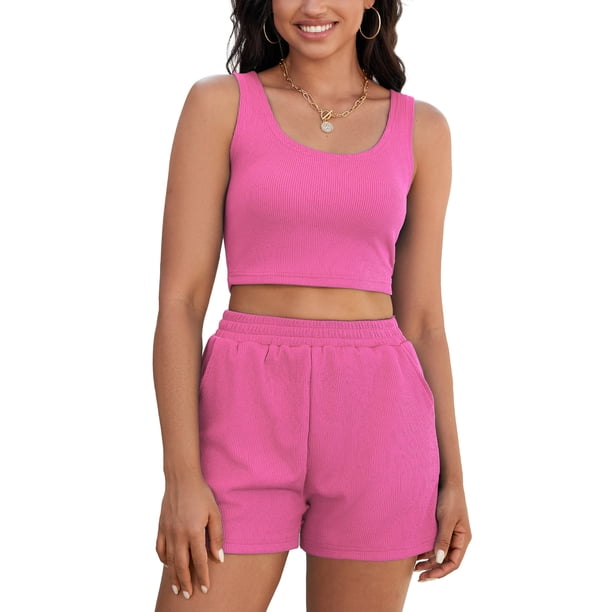 Conjuntos de 2 piezas ATHLECHIC para mujer, tops cortos de punto acanalado y pantalones cortos con bolsillo, color rosa intenso