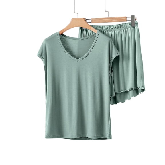 Blmnix Bamboo Pajamas Pjs Sets for Women Sleepwear Sets 2 Piece Pajamas Green V-Neck Short Sleeve Short Women Pjs Sets,XXL