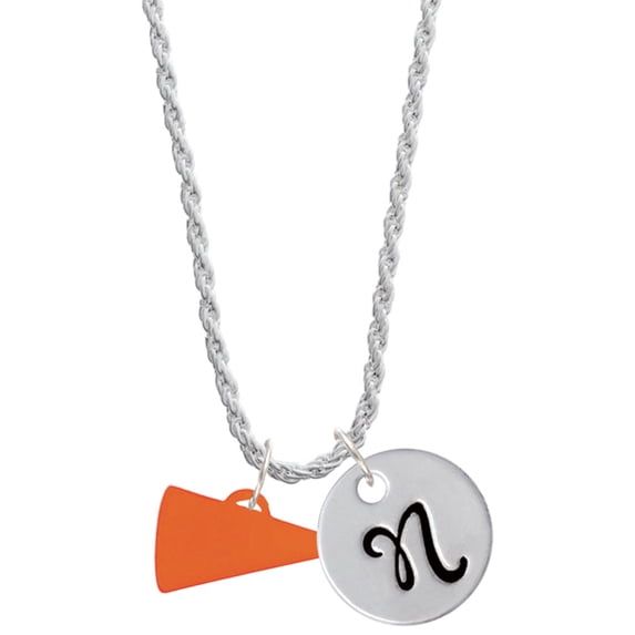 Delight Jewelry Acrylic 3/4" Orange Megaphone Silvertone Script Initial Disc - N - Charm Necklace, 20"+3"