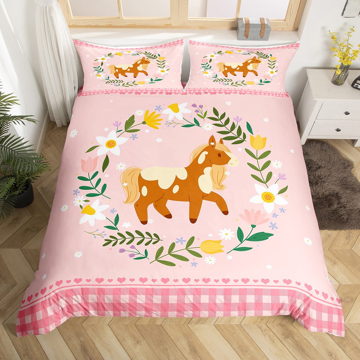 Twin Horse Bedding Set for Girls Women, Cartoon Horse Duvet Cover for