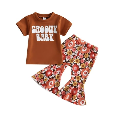 

Qtinghua Toddler Baby Girls Summer Clothes Short Sleeve Letter Print T-shirt Tops with Floral Flare Pants Outfits