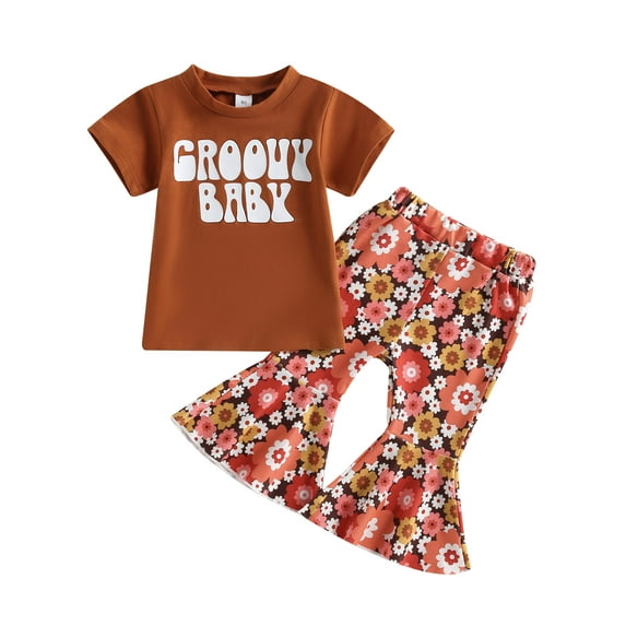 Bagilaanoe 2pcs Toddler Baby Girls Long Pants Set Letter Print Short Sleeve T Shirt Tops + Flower Flare Trousers 6M 12M 18M 24M 3T 4T Kids Casual Outfits