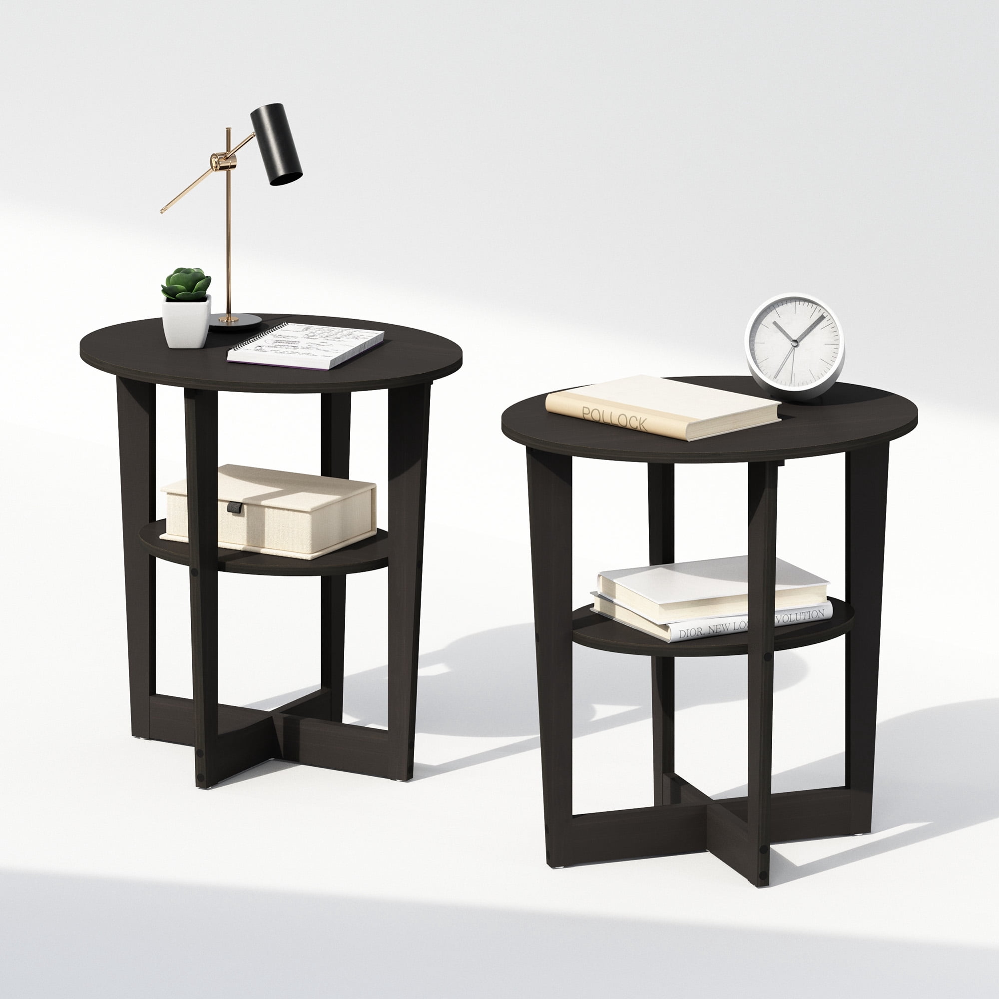 Furinno JAYA Oval End Table, Side Table, Black Walnut, Set of 2