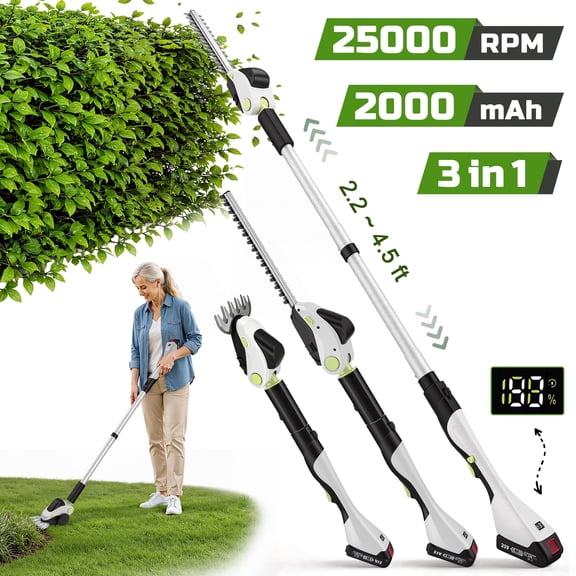 Doulami 3-in-1 Cordless Hedge Trimmer, 5.91FT Extendable Pole Reach Up to 12FT, 5.58LBS Lightweight Gardening Tool with 2*2000mAh Batteries & Shoulder Strap
