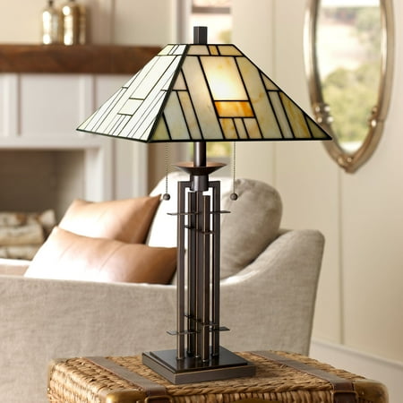 Iowa Stained Glass Franklin Iron Works Tiffany Style Table Lamp Art Deco Wrought Iron Bronze Stained Glass for Living Room Family Bedroom Bedside ()
