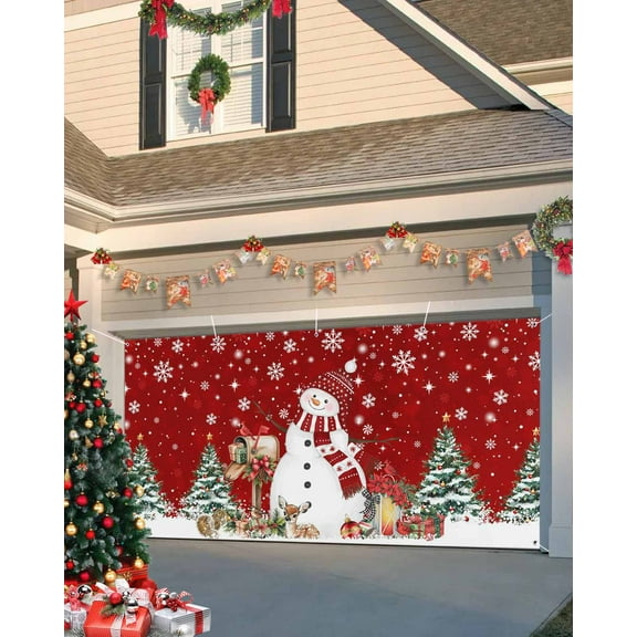 Fsddascl 6 x 13 Ft Christmas Garage Door Cover, Red Christmas Snowman Large Garage Door Banner, Xmas Tree Elk Balls Snowflake Hanging Garage Mural Background for Indoor Outdoor Xmas Party Supplies