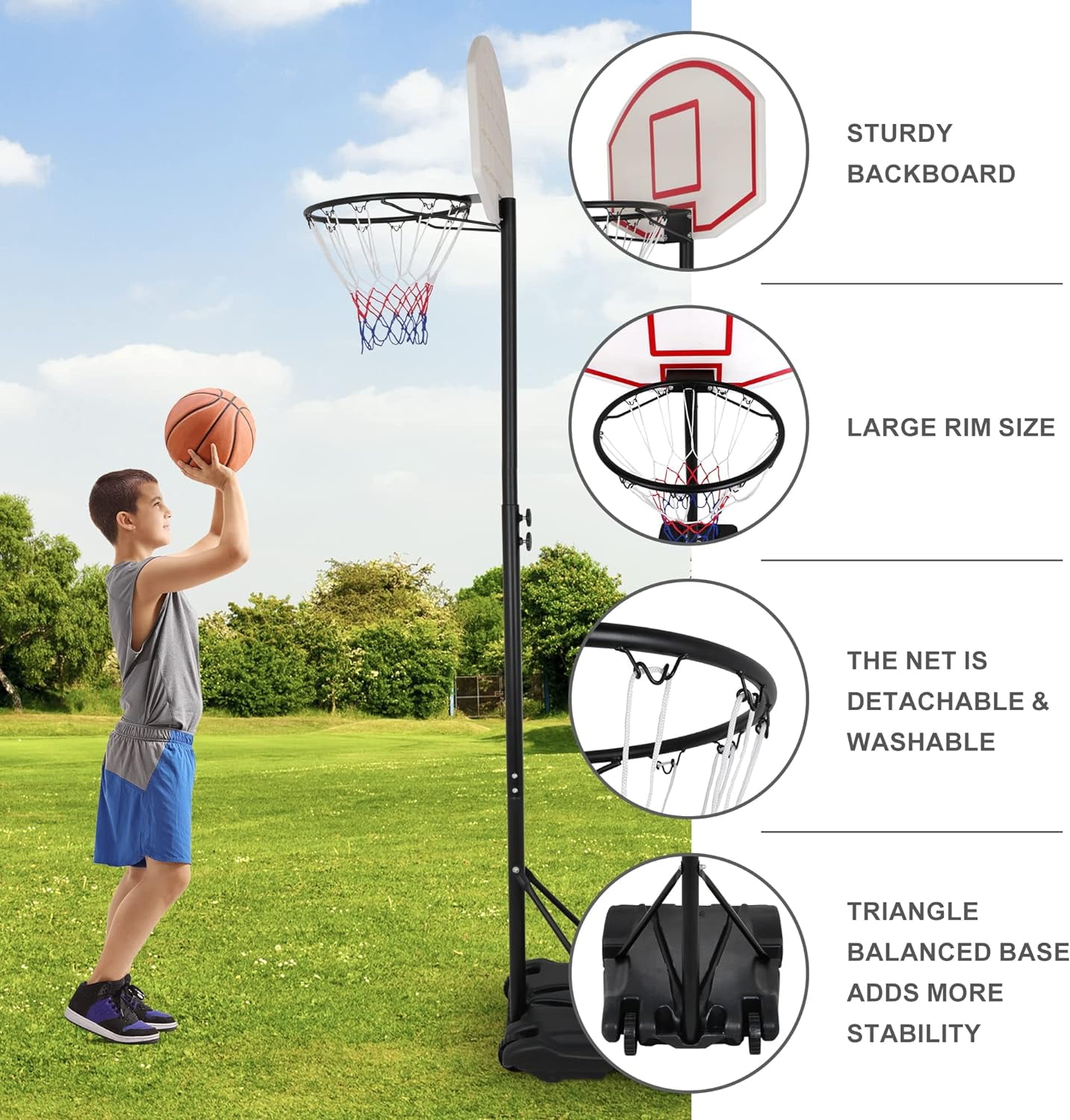 WLTER Portable Basketball Hoop Outdoor, Adjustable Basketball Goal 5.4-7Ft, Basket Ball Hoop for Kids, Youth, Driveway Backyard Hoop with PC Backboard