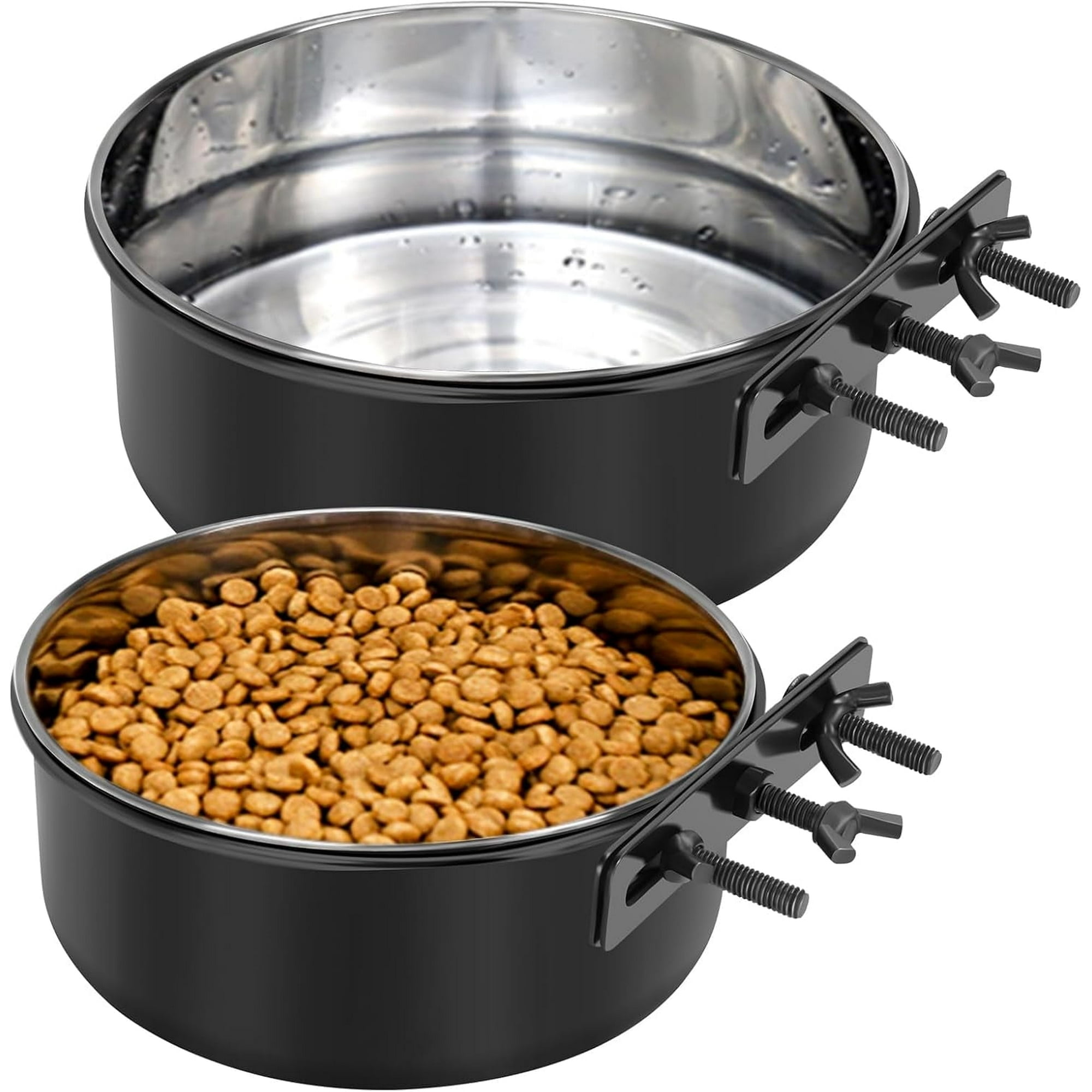 Pet Dog Food Water Bowl for Cage, Stainless Steel Non-Spill Kennel Hanging Cats Bowls with Clamp Holder Crate Feeder Dish for Small Medium Large Dogs (Black, (56 & 44 OZ))
