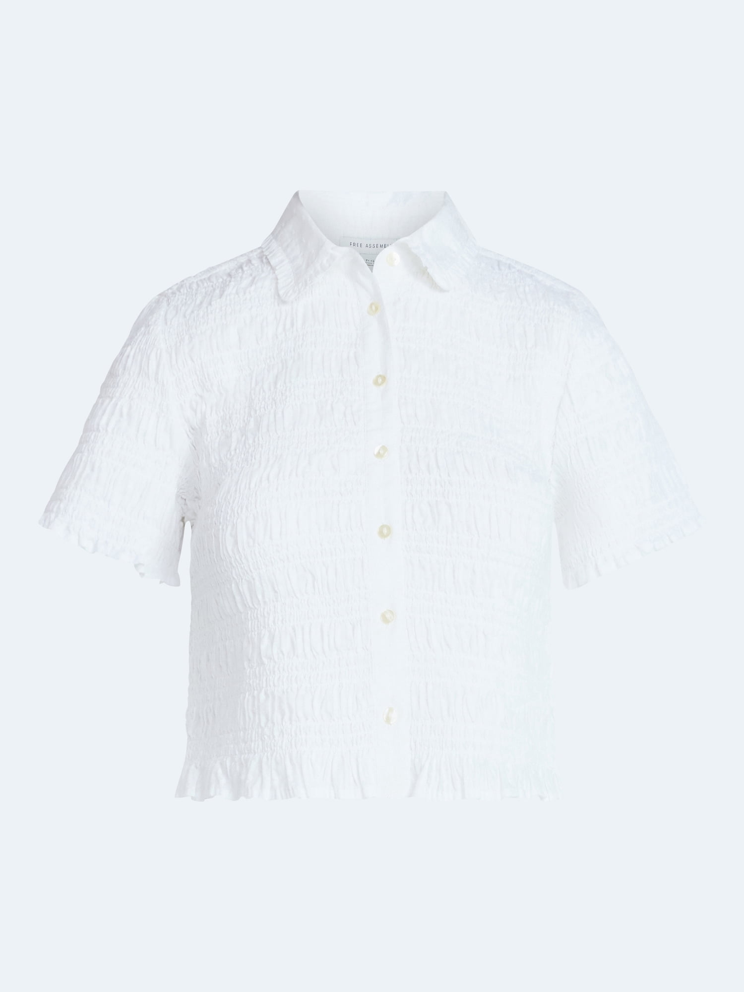 Free Assembly Women's Smocked Cotton Button Front Shirt with Short Sleeves XS-XXL