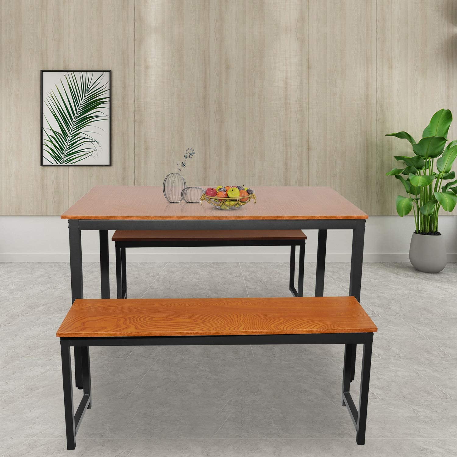 Dining Table Set With Bench Wood Kitchen Table With 2 Benches And Metal Frame Breakfast Nook Dining Room Set Modern Furniture For Home Apartment 3 Piece Dining Set For Small Space Brown