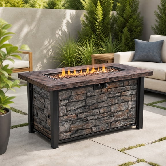 48" 50000 BTU Propane Fire Pit Table, Outdoor Gas Fire Pit with Fiberglass Wooden Tabletop, Aluminum-Coated Steel Legs, Lava Rocks, Metal Lid & Rain Cover - Ideal for Patio